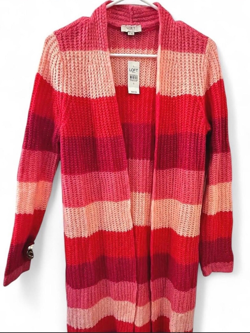 LOFT Pink & Red Striped Open-Front Long Cardigan